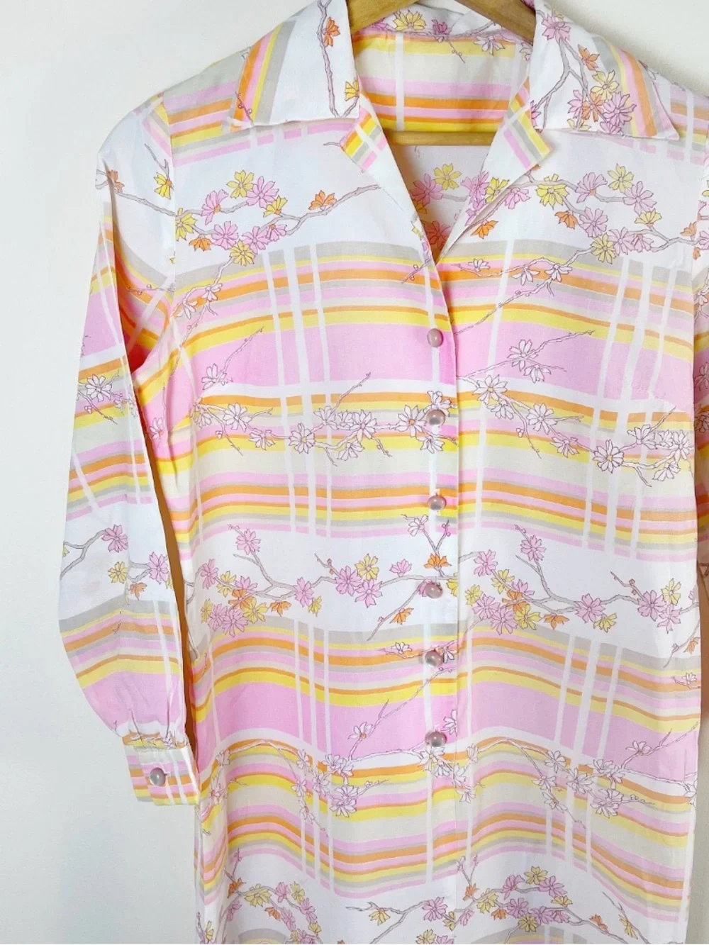 Vintage 70s Pink and Yellow Midi Shirt Dress - Picture 4 of 7